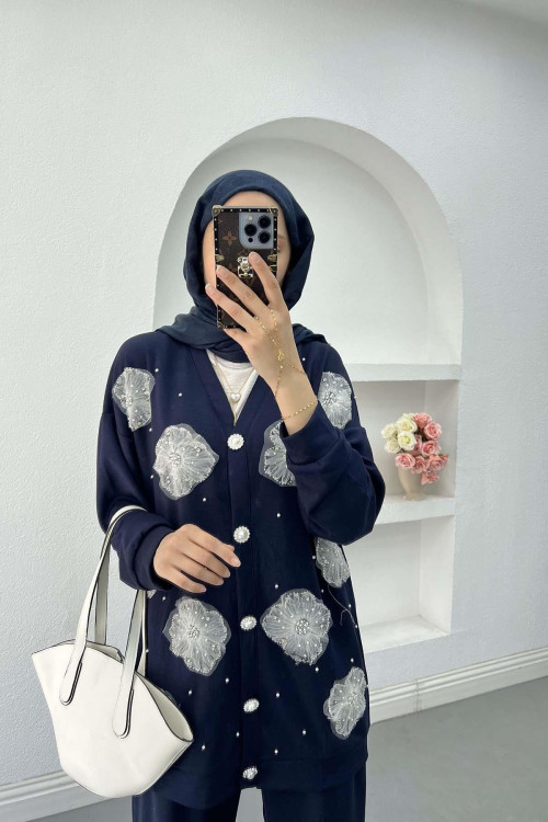 Sare Fashion Tulle Floral Pearl Detailed Two Piece Suit Navy Blue