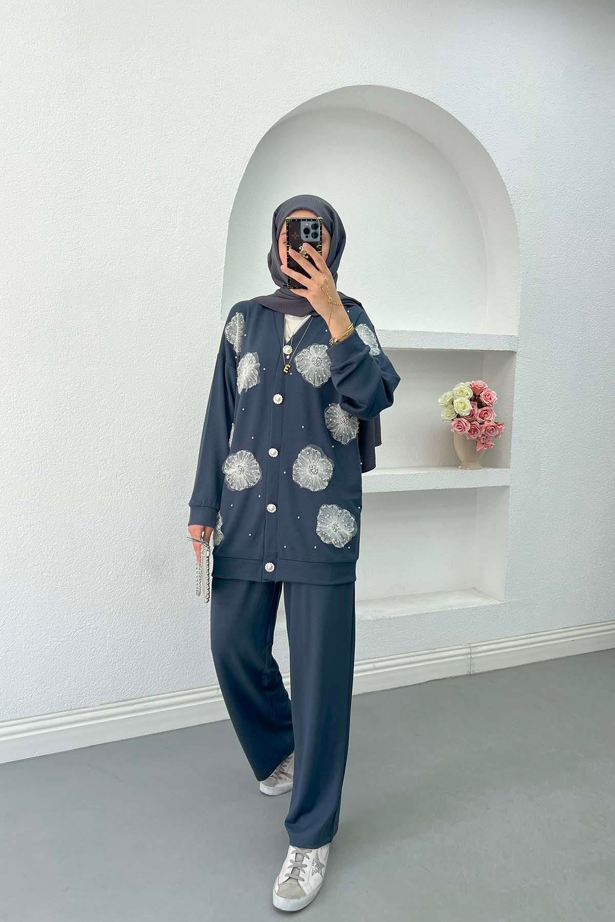Sare Fashion Tulle Floral Pearl Detailed Two Piece Set Foggy Blue