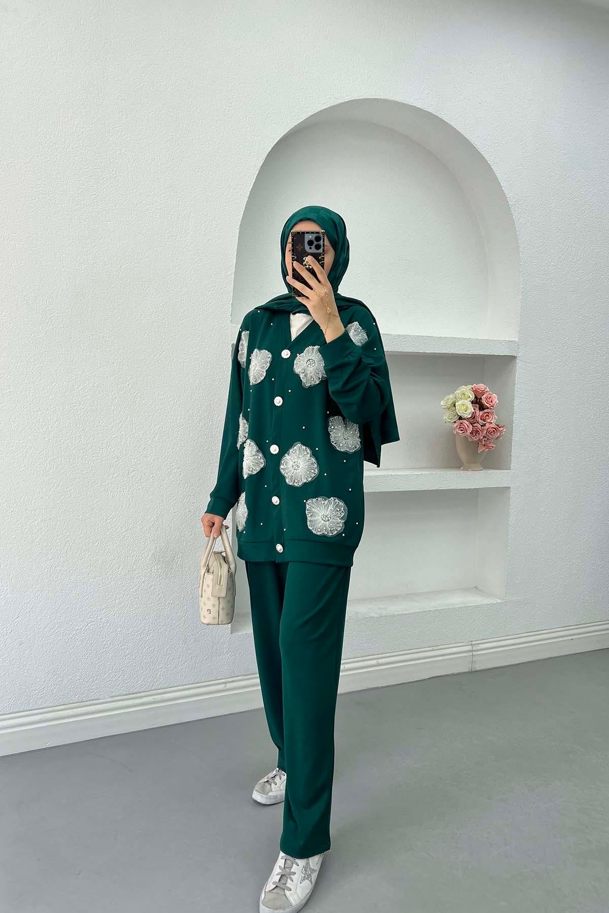Sare Fashion Tulle Floral Pearl Detailed Two Piece Set Green