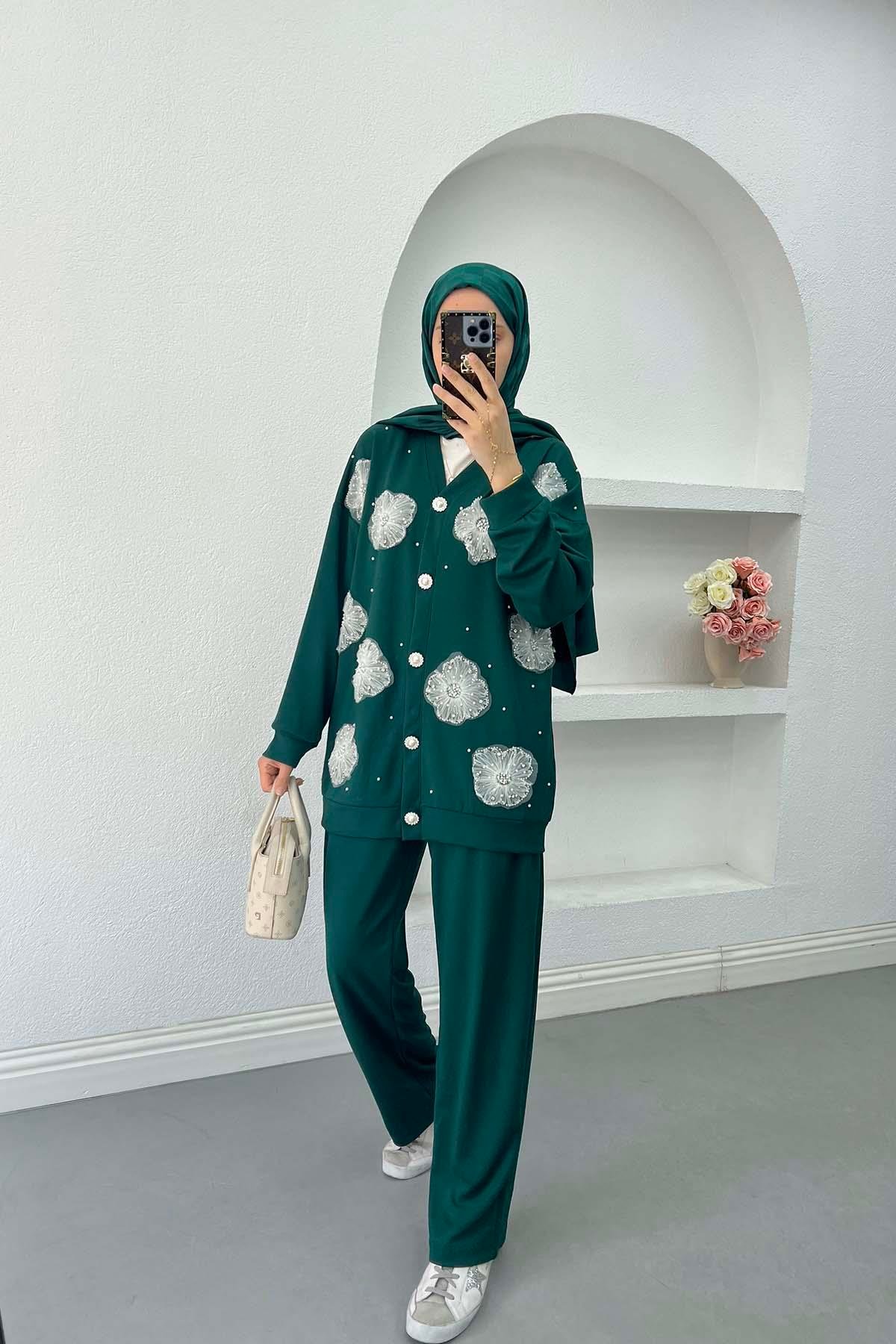 Sare Fashion Tulle Floral Pearl Detailed Two Piece Set Green