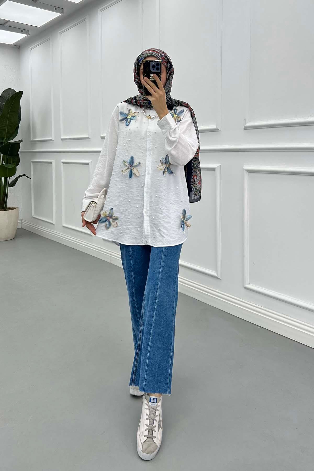 Sare Fashion Tulle Floral Pearl Shirt White