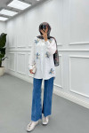 Sare Fashion Tulle Floral Pearl Shirt White