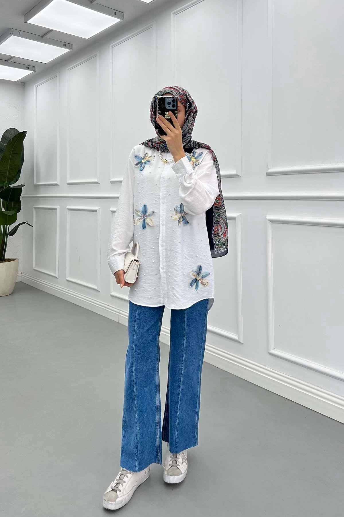 Sare Fashion Tulle Floral Pearl Shirt White