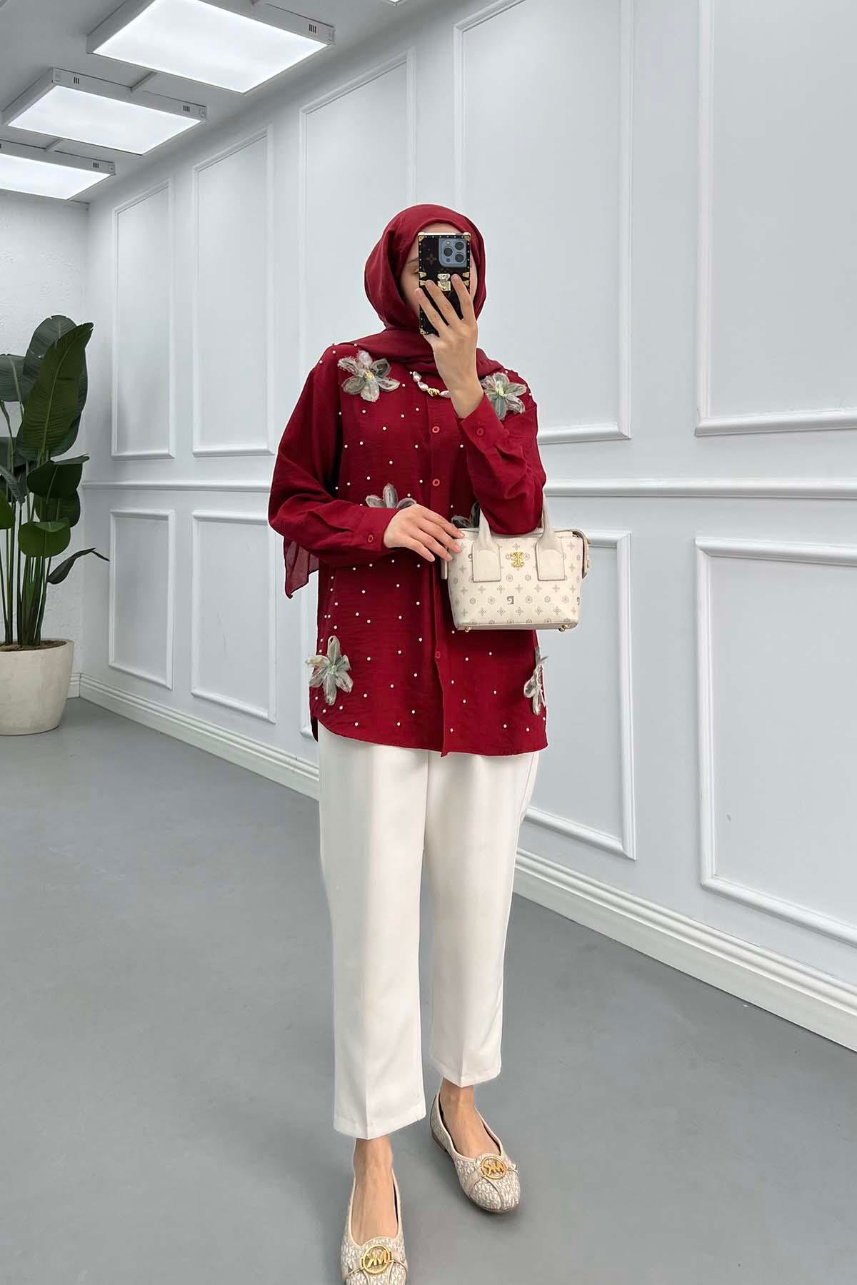 Sare Fashion Tulle Floral Pearl Shirt Claret Red