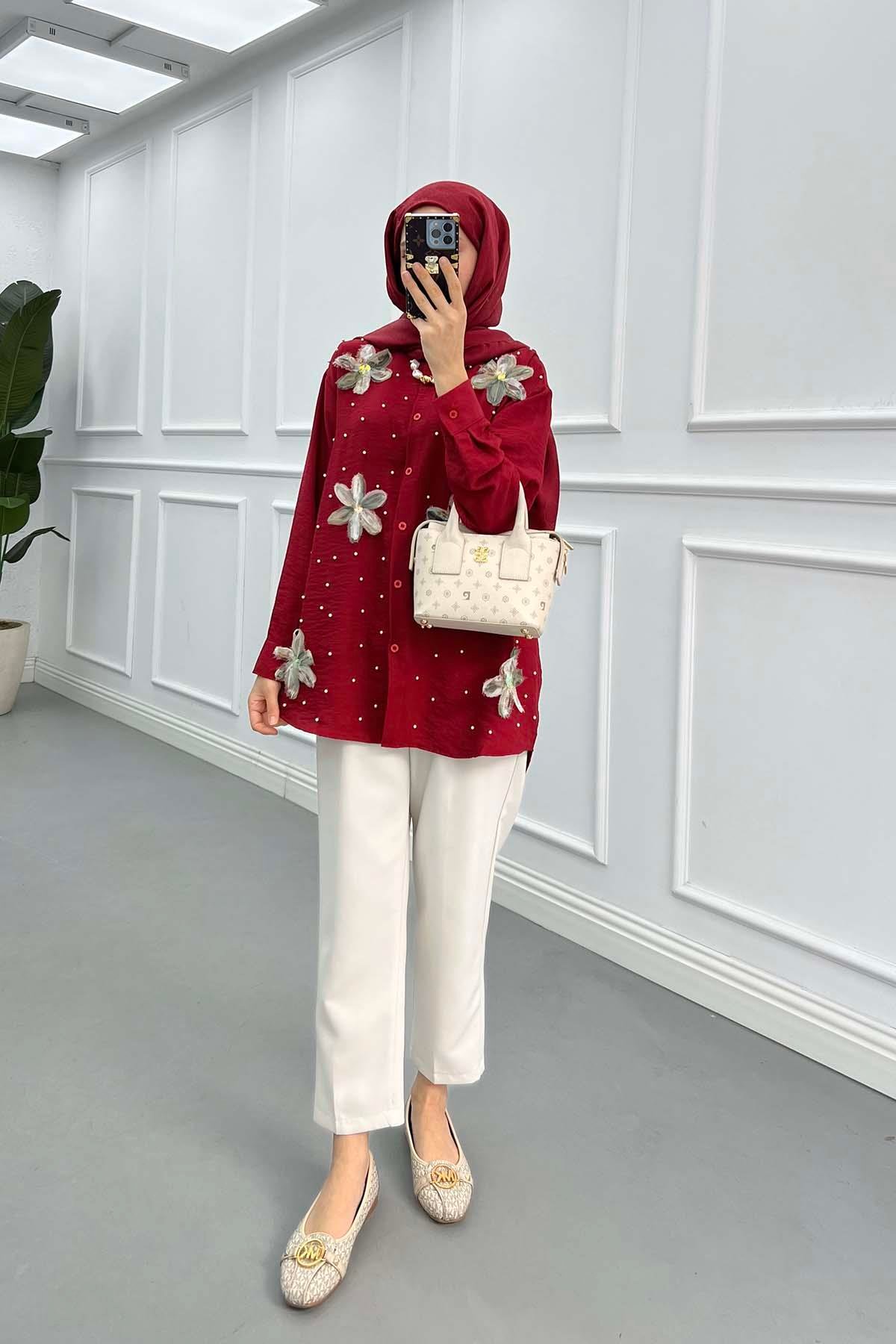 Sare Fashion Tulle Floral Pearl Shirt Claret Red