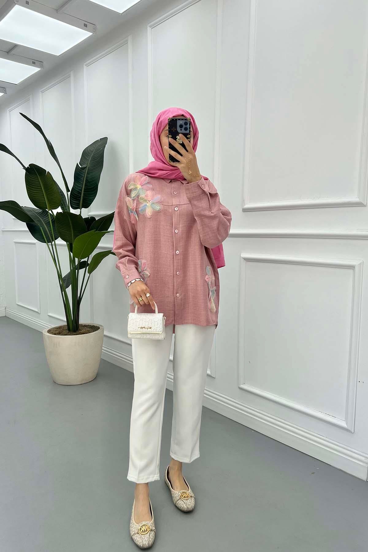 Sare Fashion Tulle Floral Linen Shirt Dusty Rose