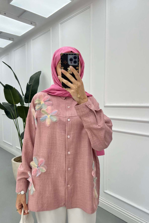Sare Fashion Tulle Floral Linen Shirt Dusty Rose