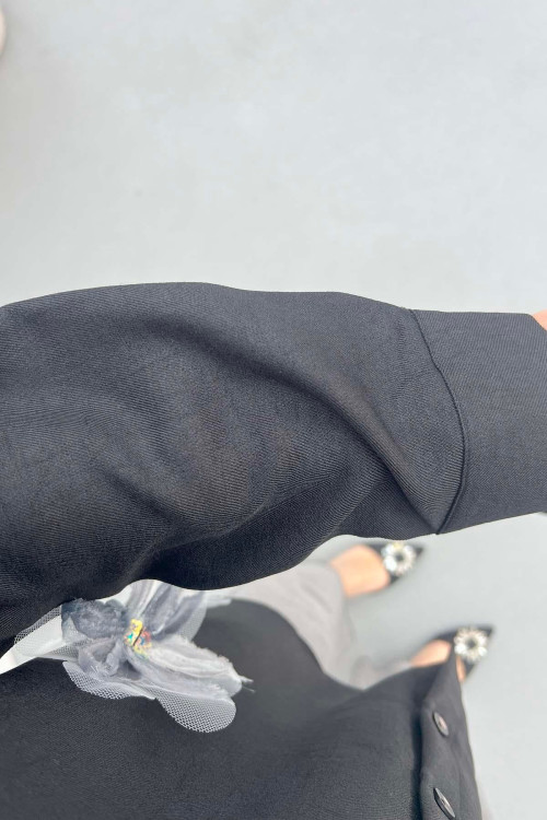 Sare Fashion Tulle Floral Linen Shirt Black