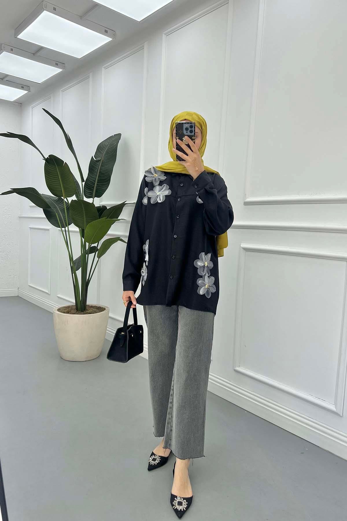 Sare Fashion Tulle Floral Linen Shirt Black