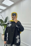 Sare Fashion Tulle Floral Linen Shirt Black