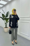 Sare Fashion Tulle Floral Linen Shirt Black