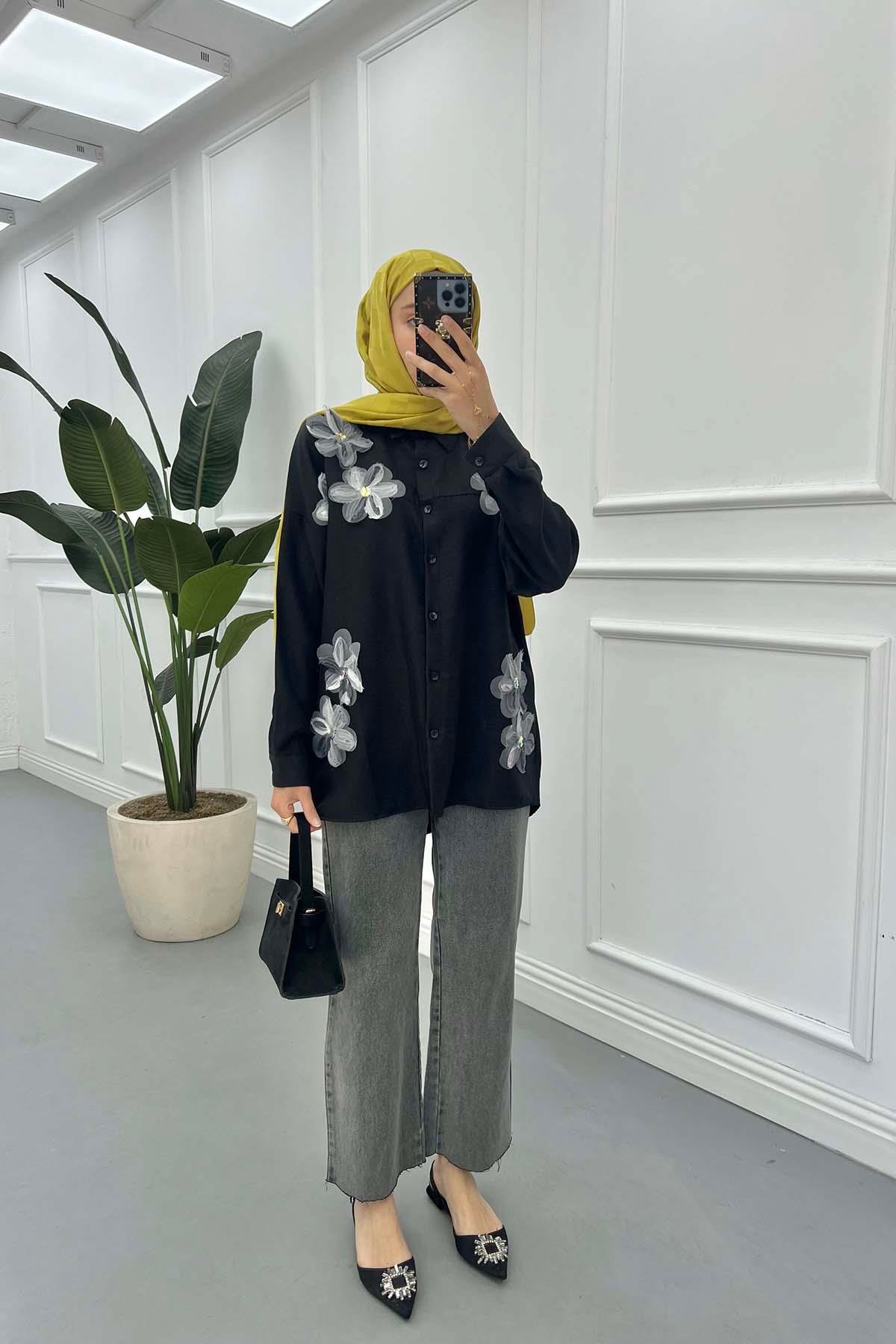 Sare Fashion Tulle Floral Linen Shirt Black