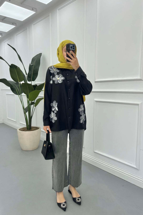 Sare Fashion Tulle Floral Linen Shirt Black