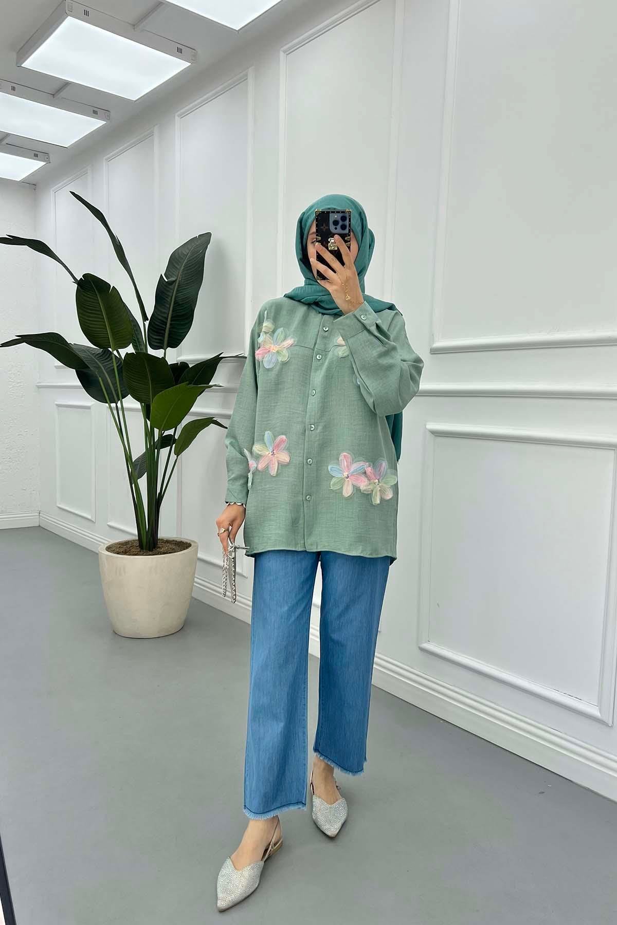 Sare Fashion Tulle Floral Linen Shirt Green