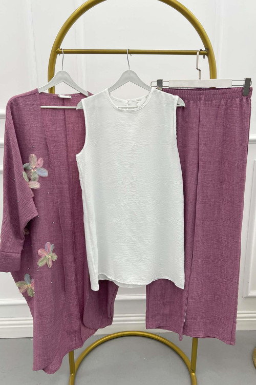 Sare Fashion Tulle Floral Kimono Three Piece Set Dusty Rose