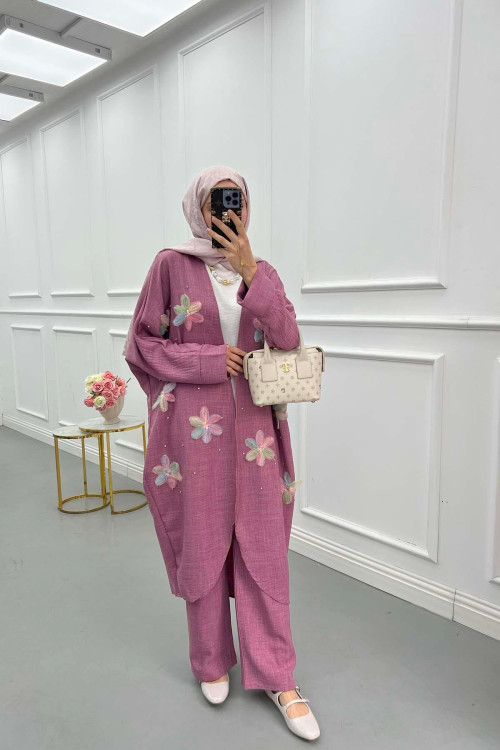 Sare Fashion Tulle Floral Kimono Three Piece Set Dusty Rose