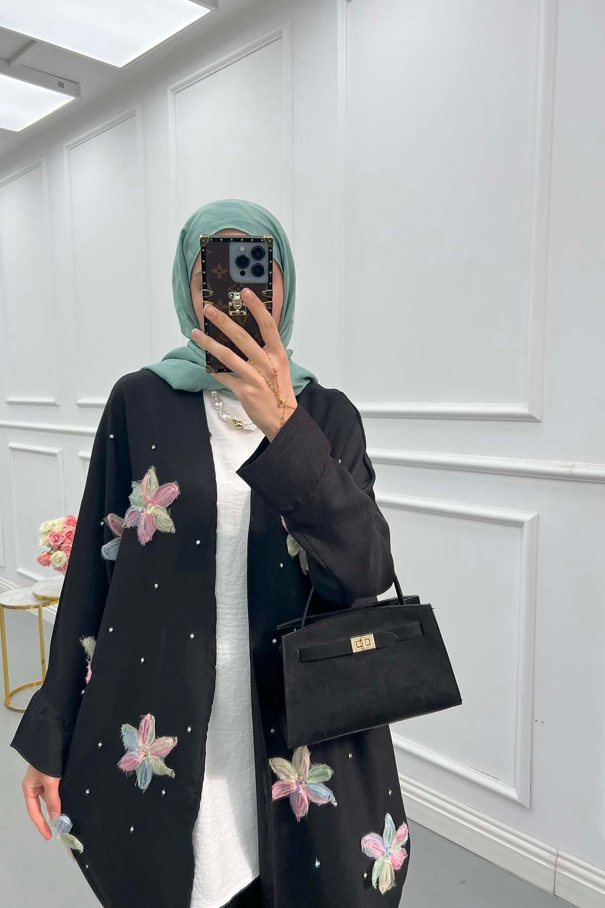 Sare Fashion Tulle Floral Kimono Three Piece Set Black