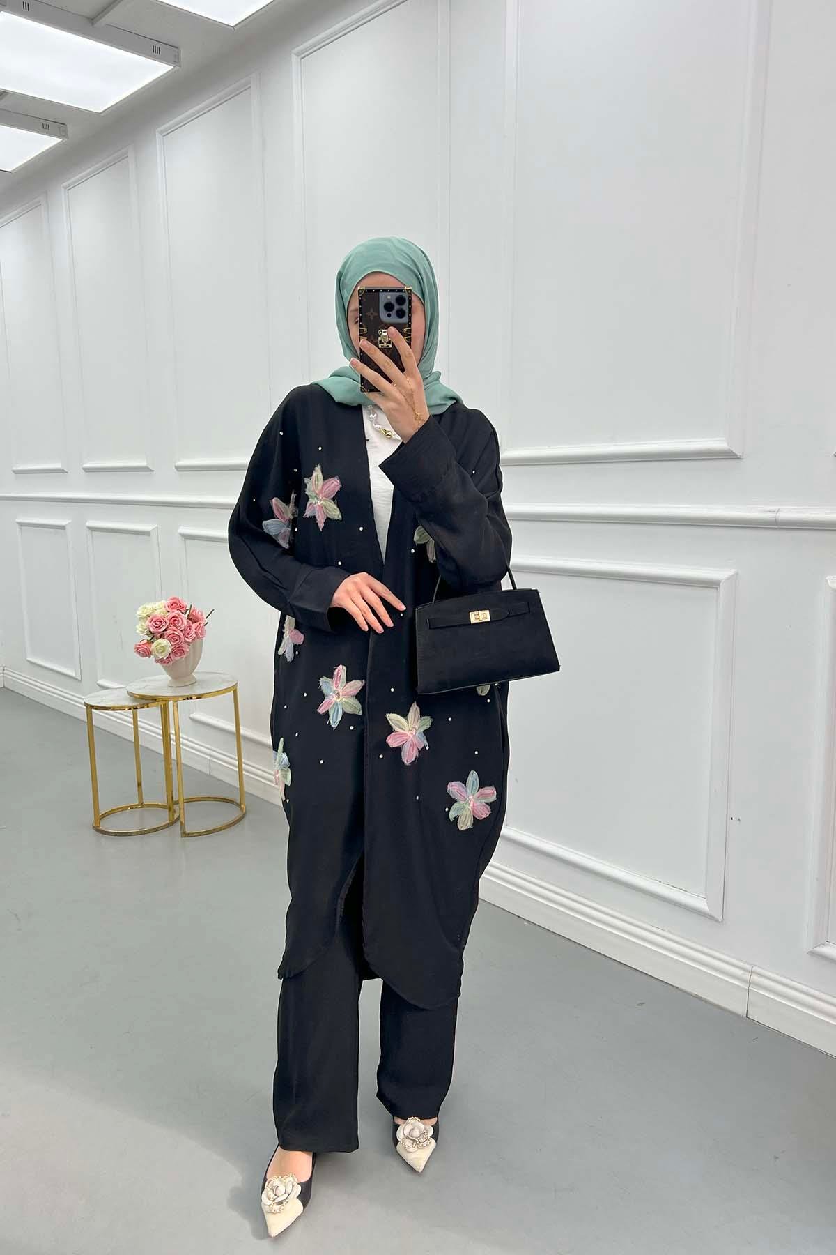 Sare Fashion Tulle Floral Kimono Three Piece Set Black