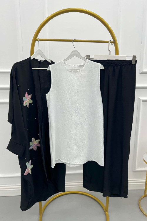 Sare Fashion Tulle Floral Kimono Three Piece Set Black
