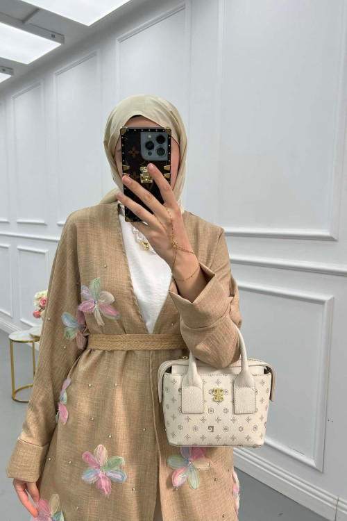 Sare Fashion Tulle Floral Kimono Three Piece Set Milk Coffee