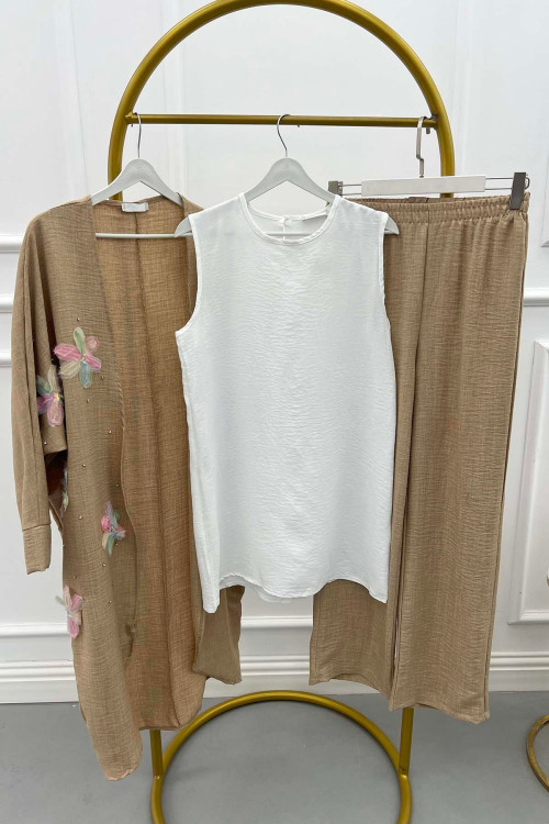 Sare Fashion Tulle Floral Kimono Three Piece Set Milk Coffee