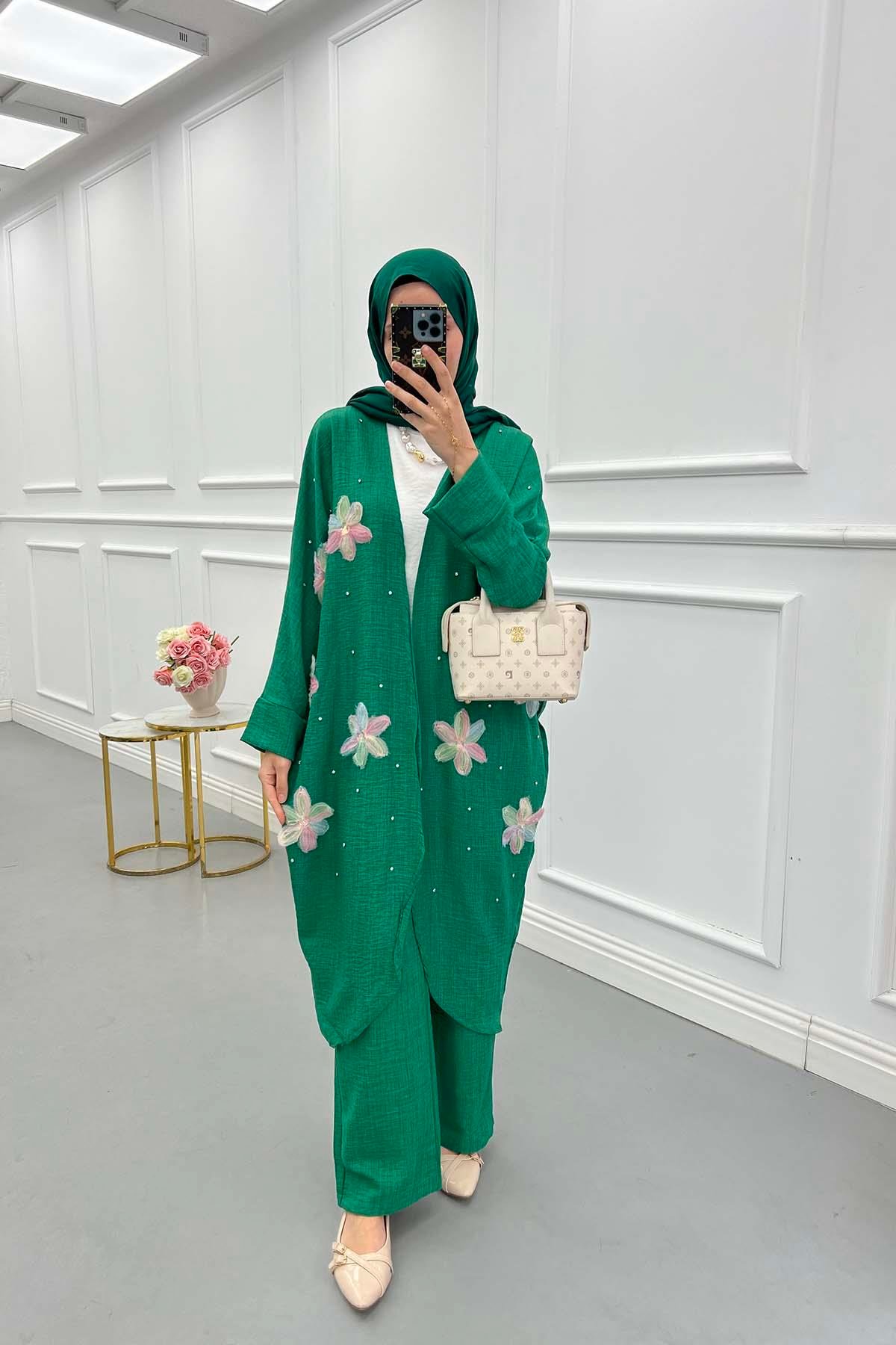Sare Fashion Tulle Floral Kimono Three Piece Set Green