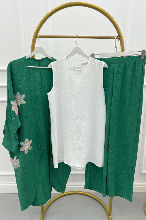 Sare Fashion Tulle Floral Kimono Three Piece Set Green