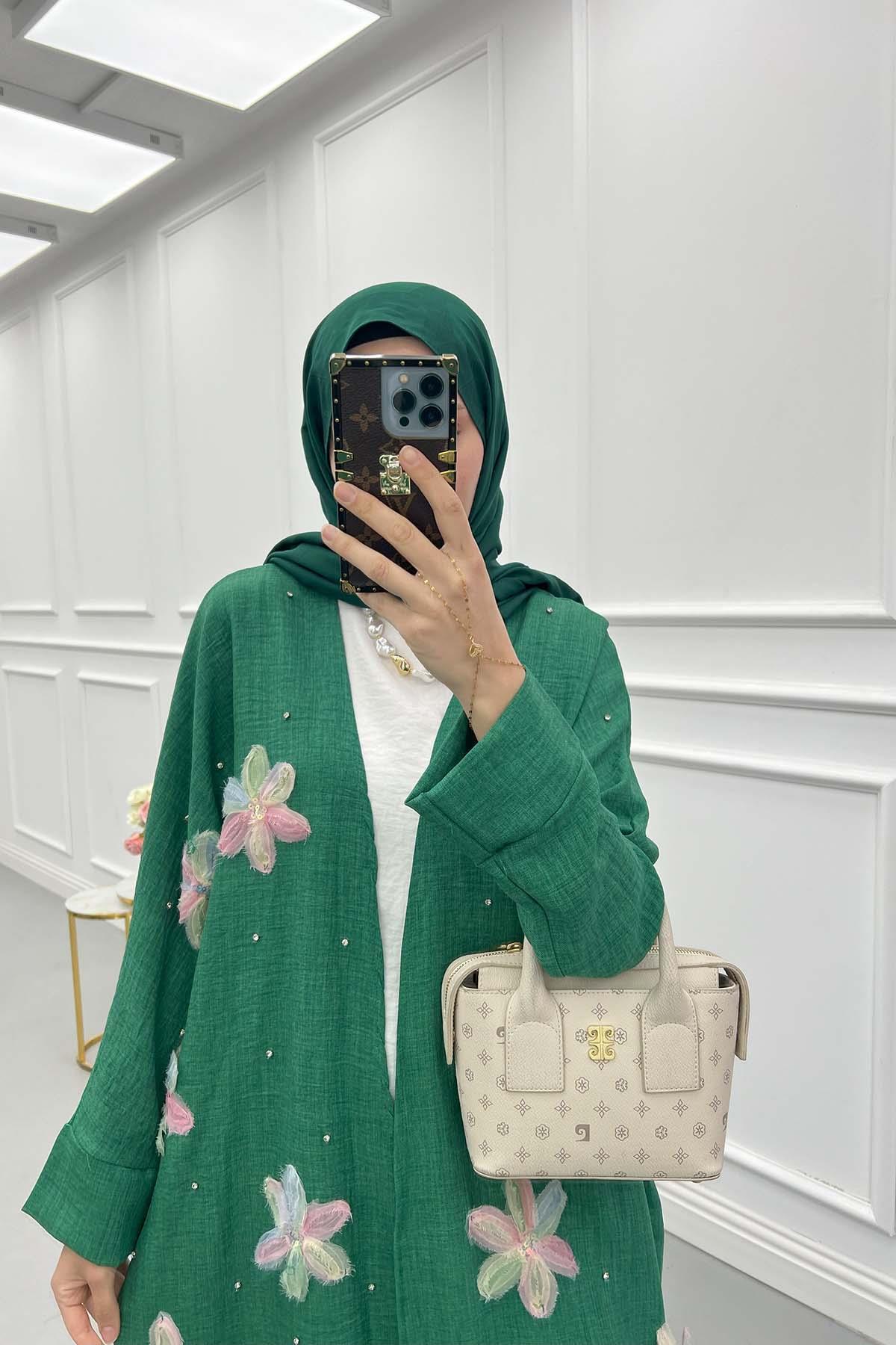 Sare Fashion Tulle Floral Kimono Three Piece Set Green
