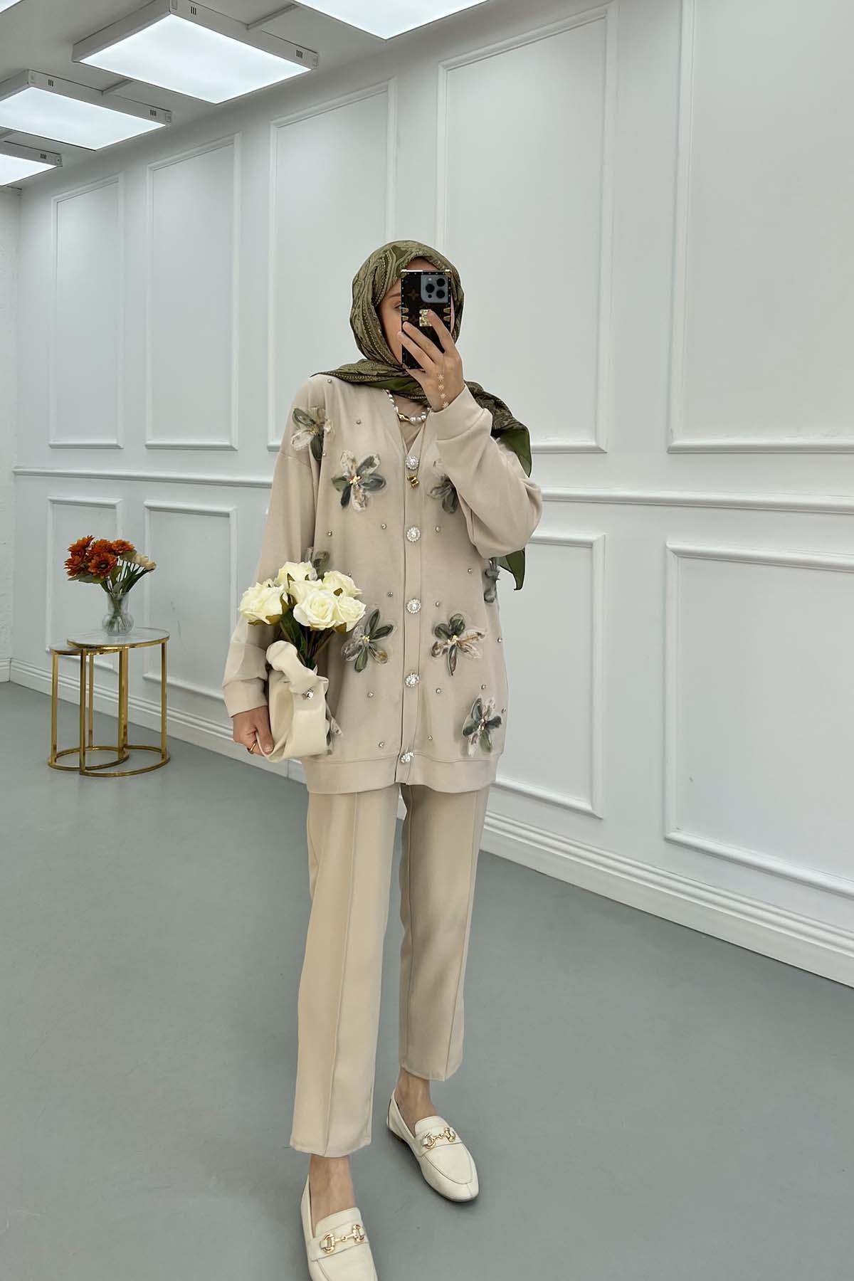 Sare Fashion Tulle Floral Stone Cardigan Beige