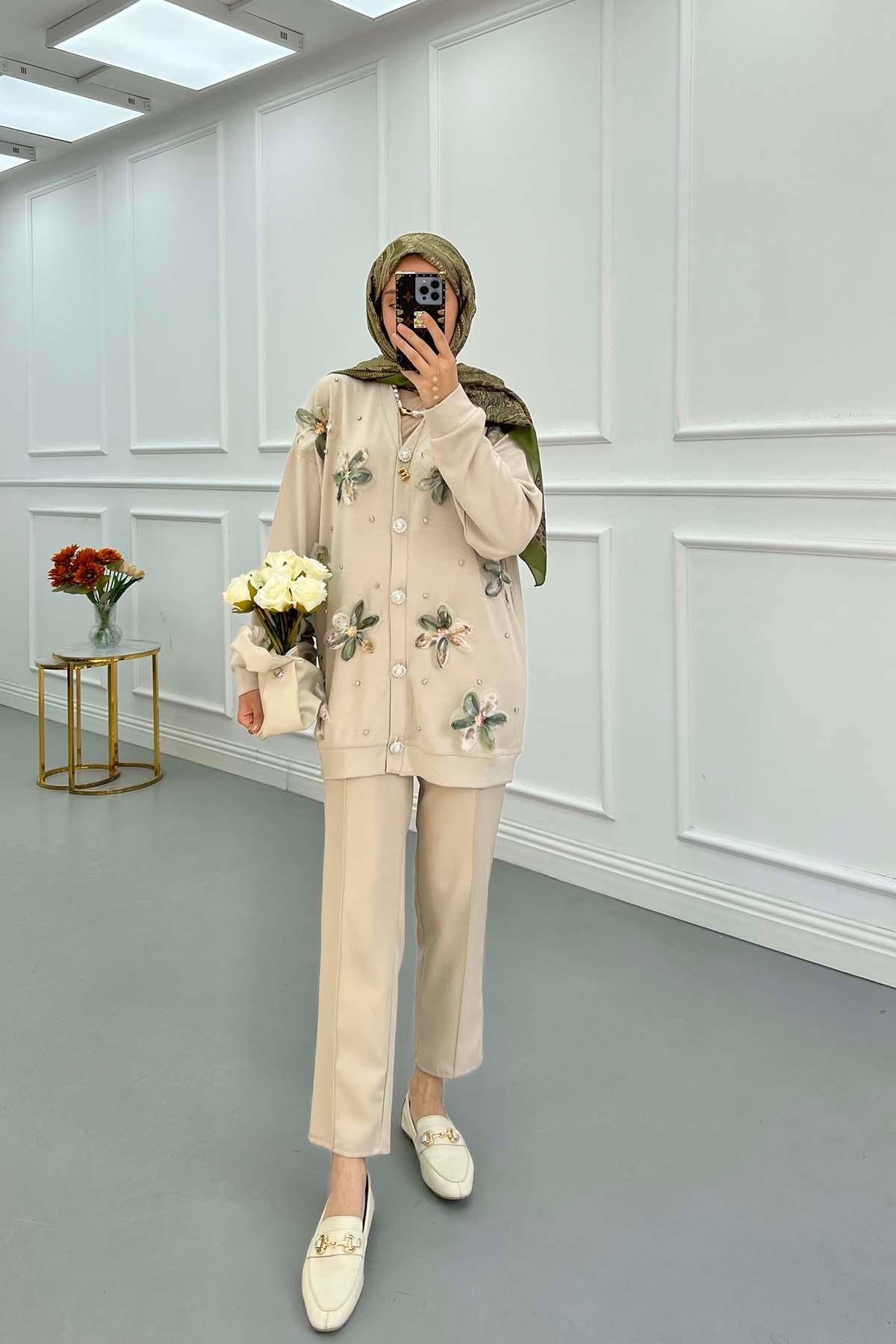 Sare Fashion Tulle Floral Stone Cardigan Beige