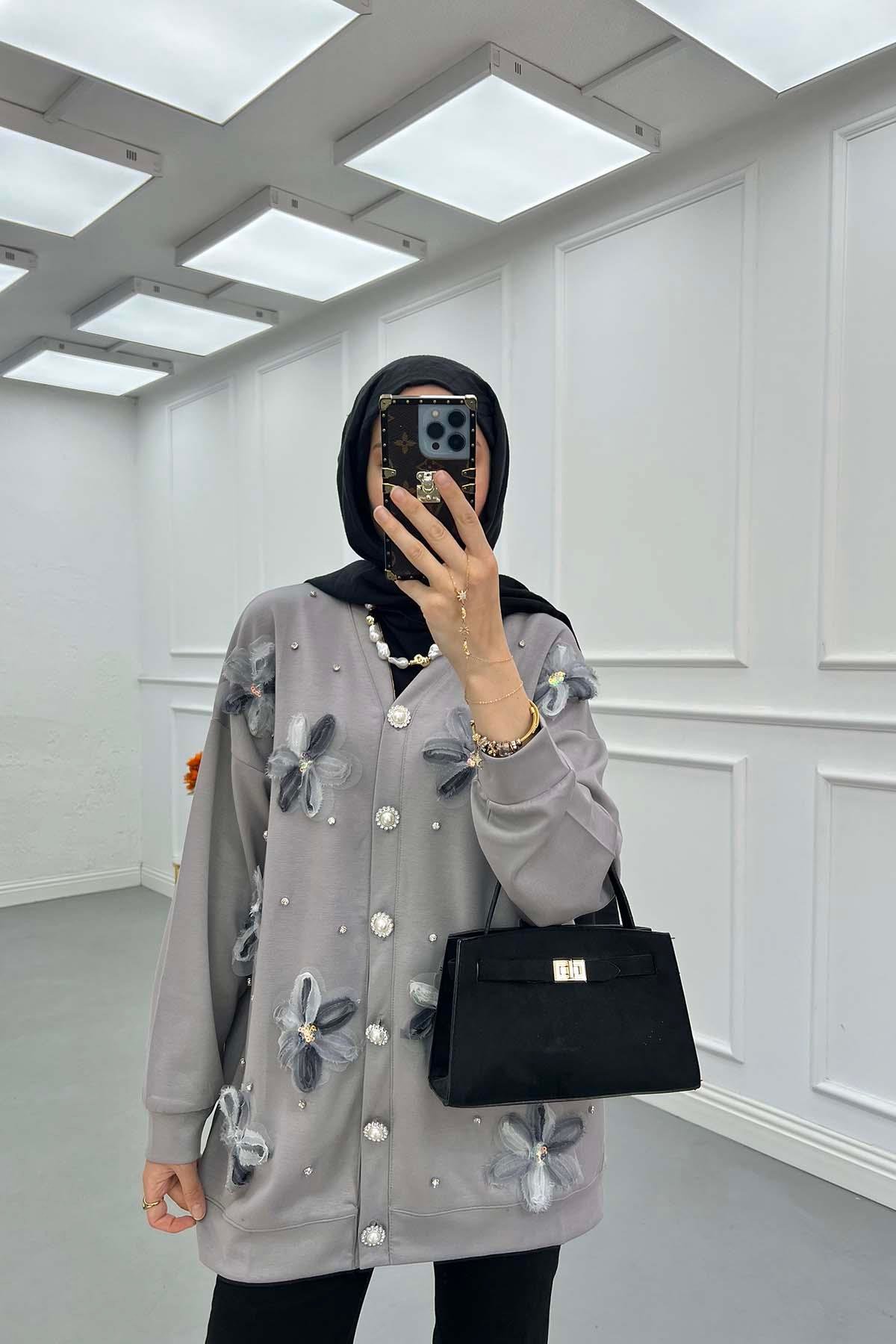 Sare Fashion Tulle Floral Stone Cardigan Gray
