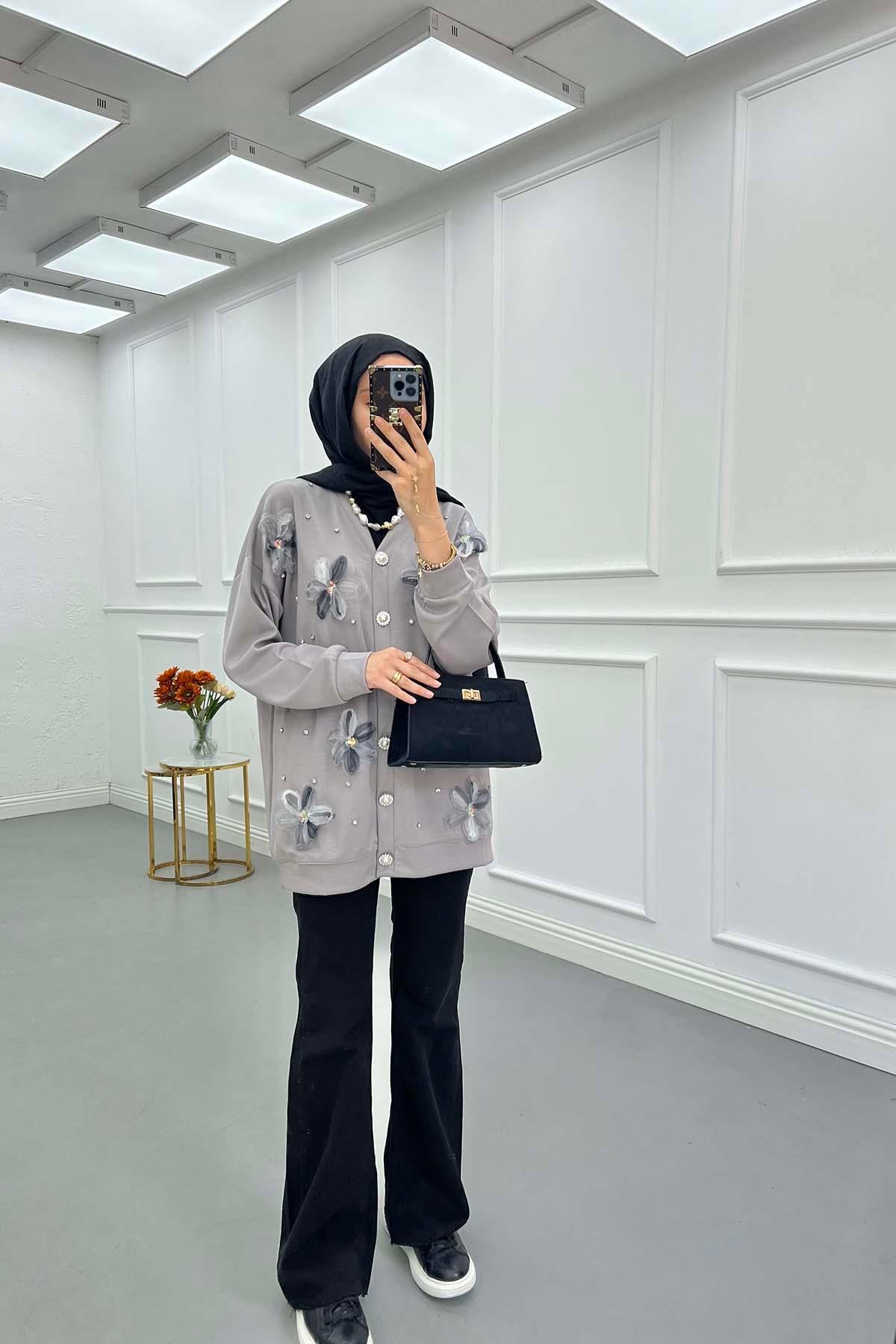 Sare Fashion Tulle Floral Stone Cardigan Gray