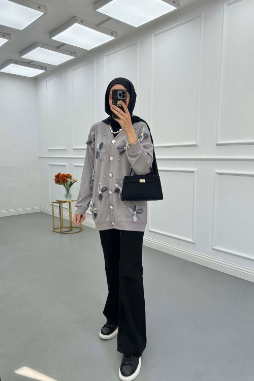 Sare Fashion Tulle Floral Stone Cardigan Gray