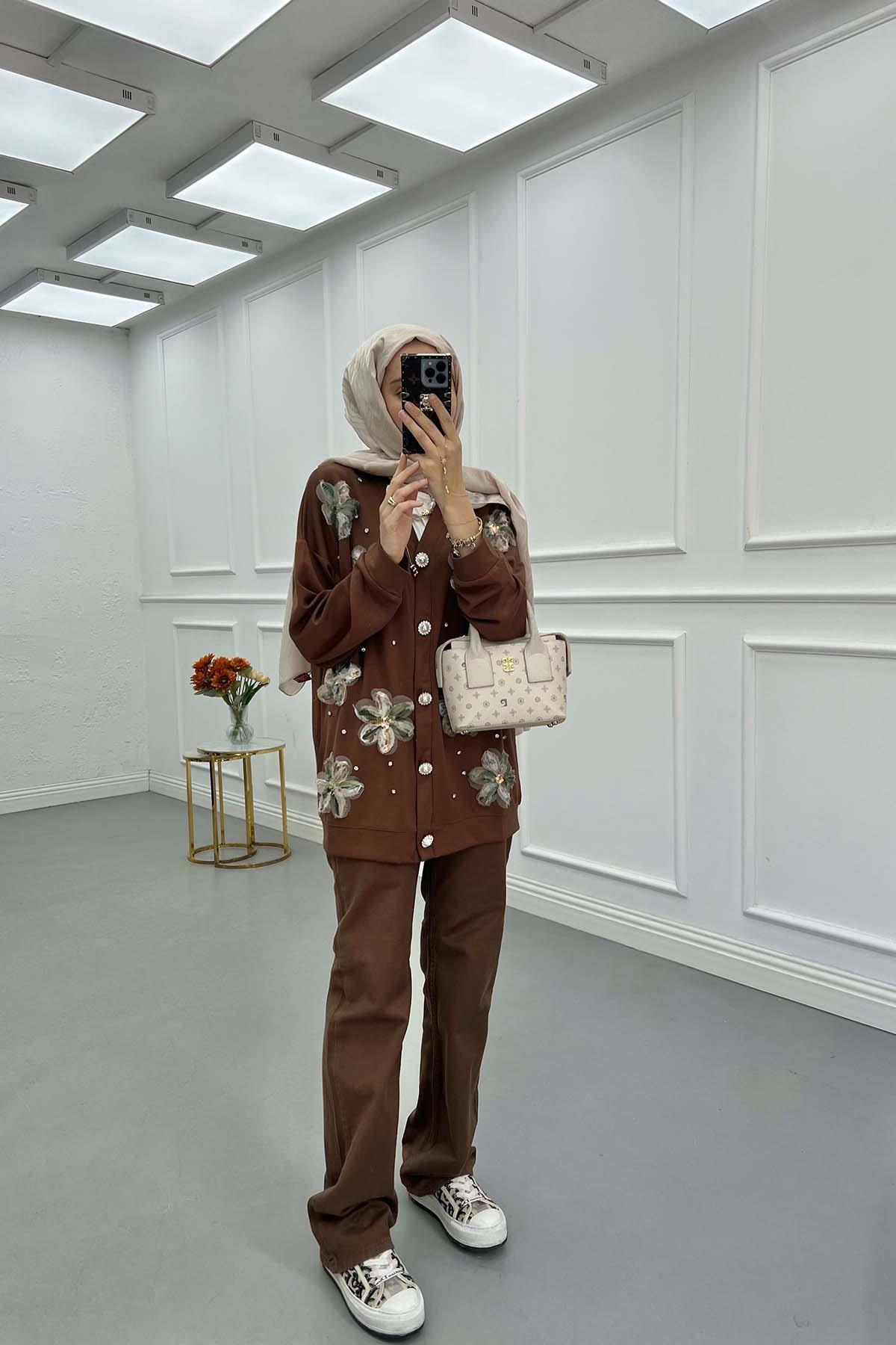 Sare Fashion Tulle Floral Stone Cardigan Brown
