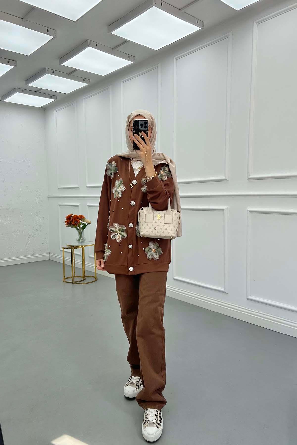 Sare Fashion Tulle Floral Stone Cardigan Brown