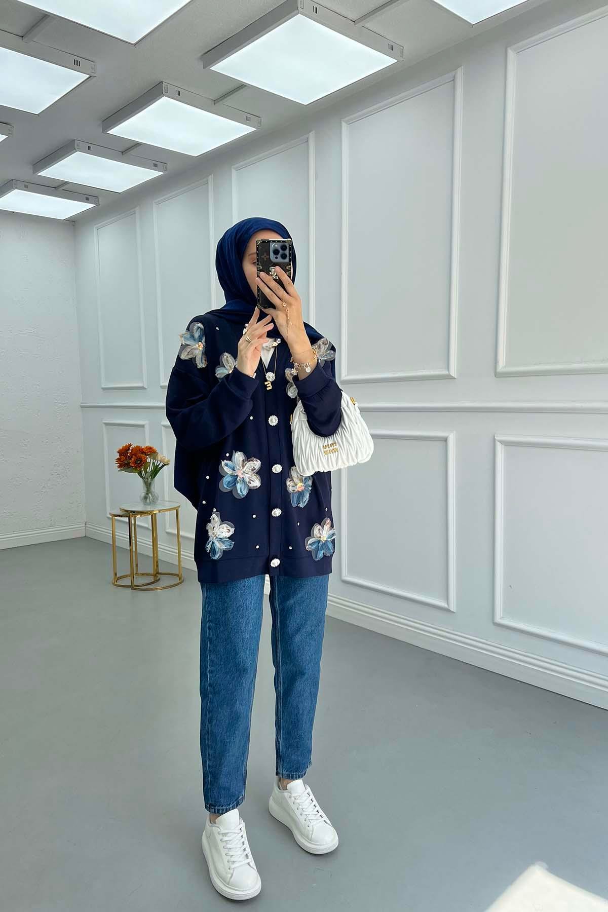 Sare Fashion Tulle Floral Stone Cardigan Navy Blue