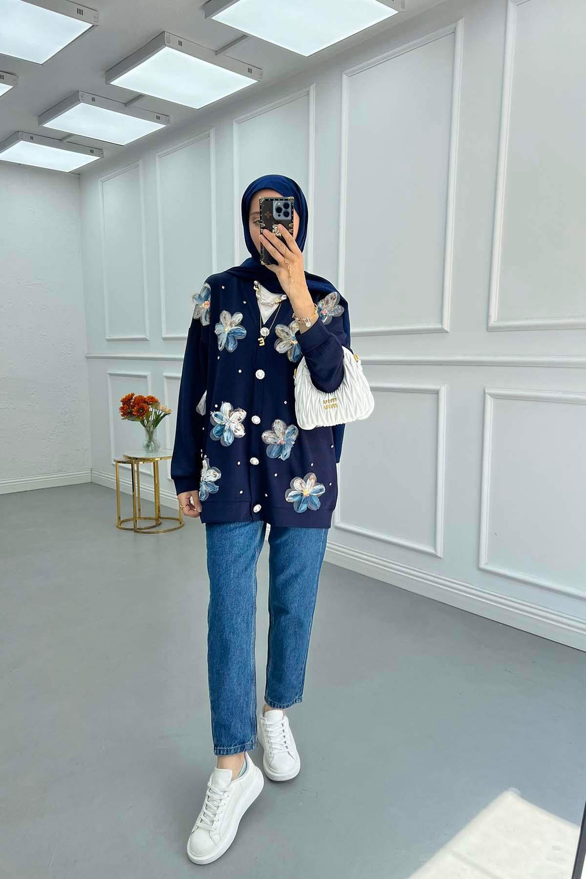 Sare Fashion Tulle Floral Stone Cardigan Navy Blue
