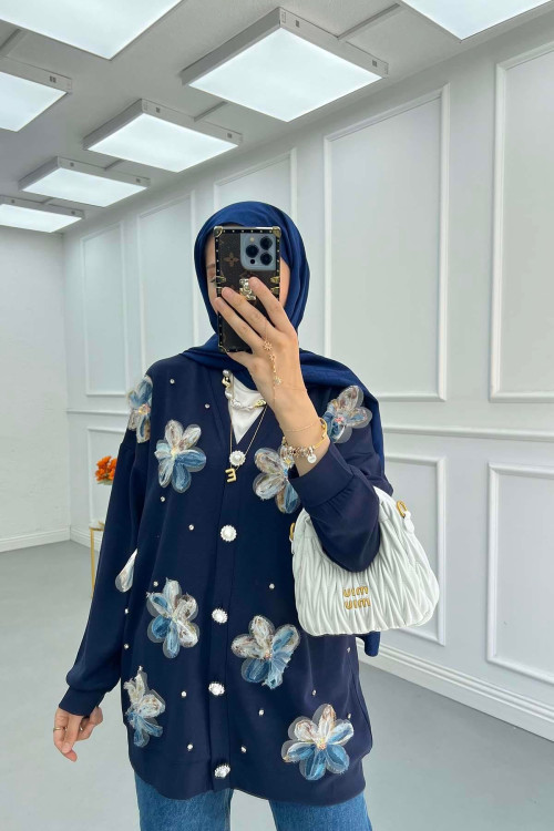 Sare Fashion Tulle Floral Stone Cardigan Navy Blue