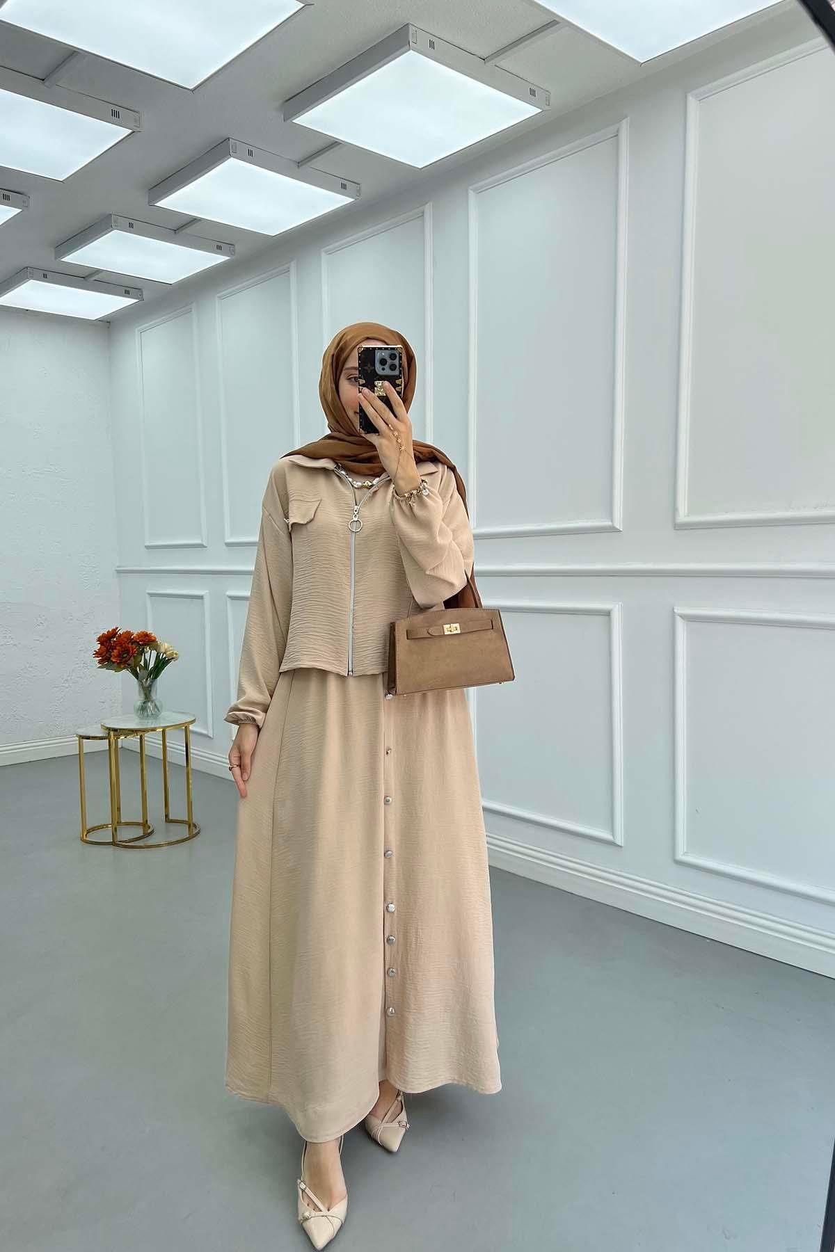 Sare Fashion Zippered Jacket Vest Set Beige
