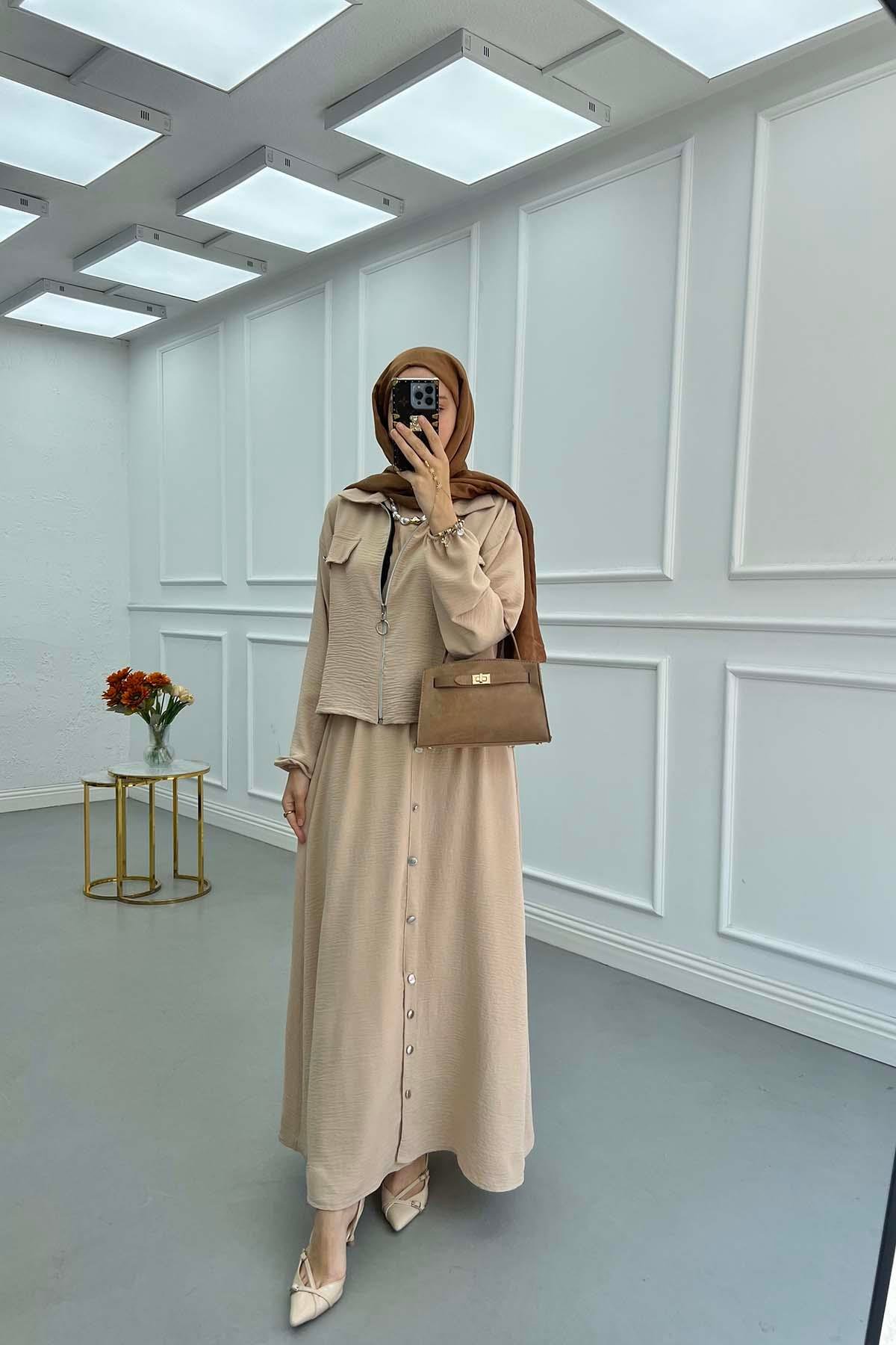 Sare Fashion Zippered Jacket Vest Set Beige
