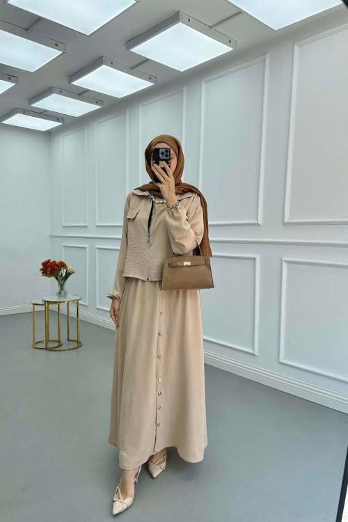 Sare Fashion Zippered Jacket Vest Set Beige