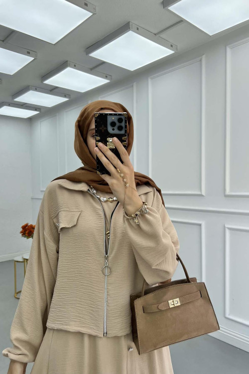 Sare Fashion Zippered Jacket Vest Set Beige