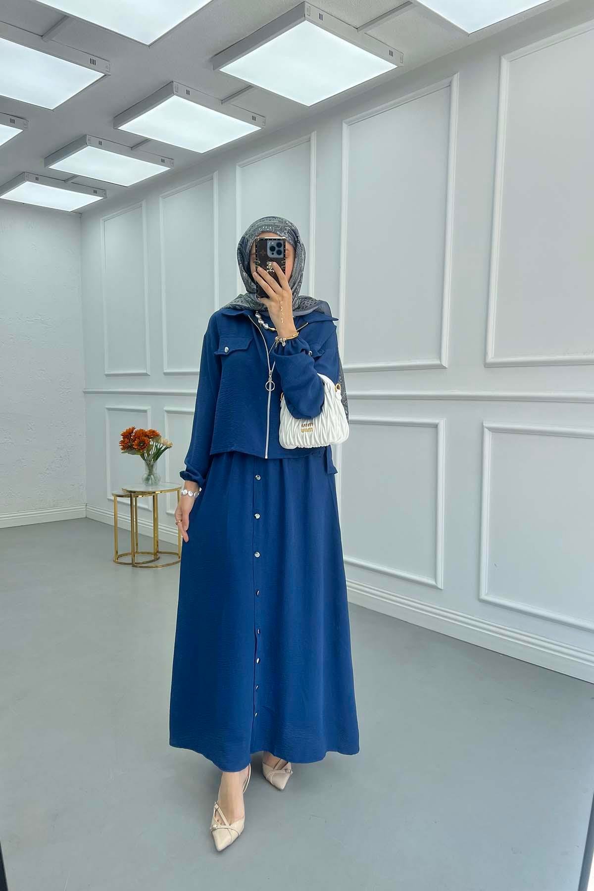 Sare Fashion Zippered Jacket Vest Set Navy Blue