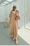 Sare Fashion Long Buttoned Mercerized Cardigan Camel
