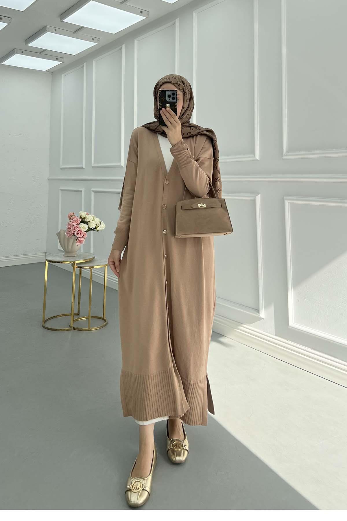 Sare Fashion Long Buttoned Mercerized Cardigan Camel Sare Fashion Long Buttoned Mercerized Cardigan Camel
