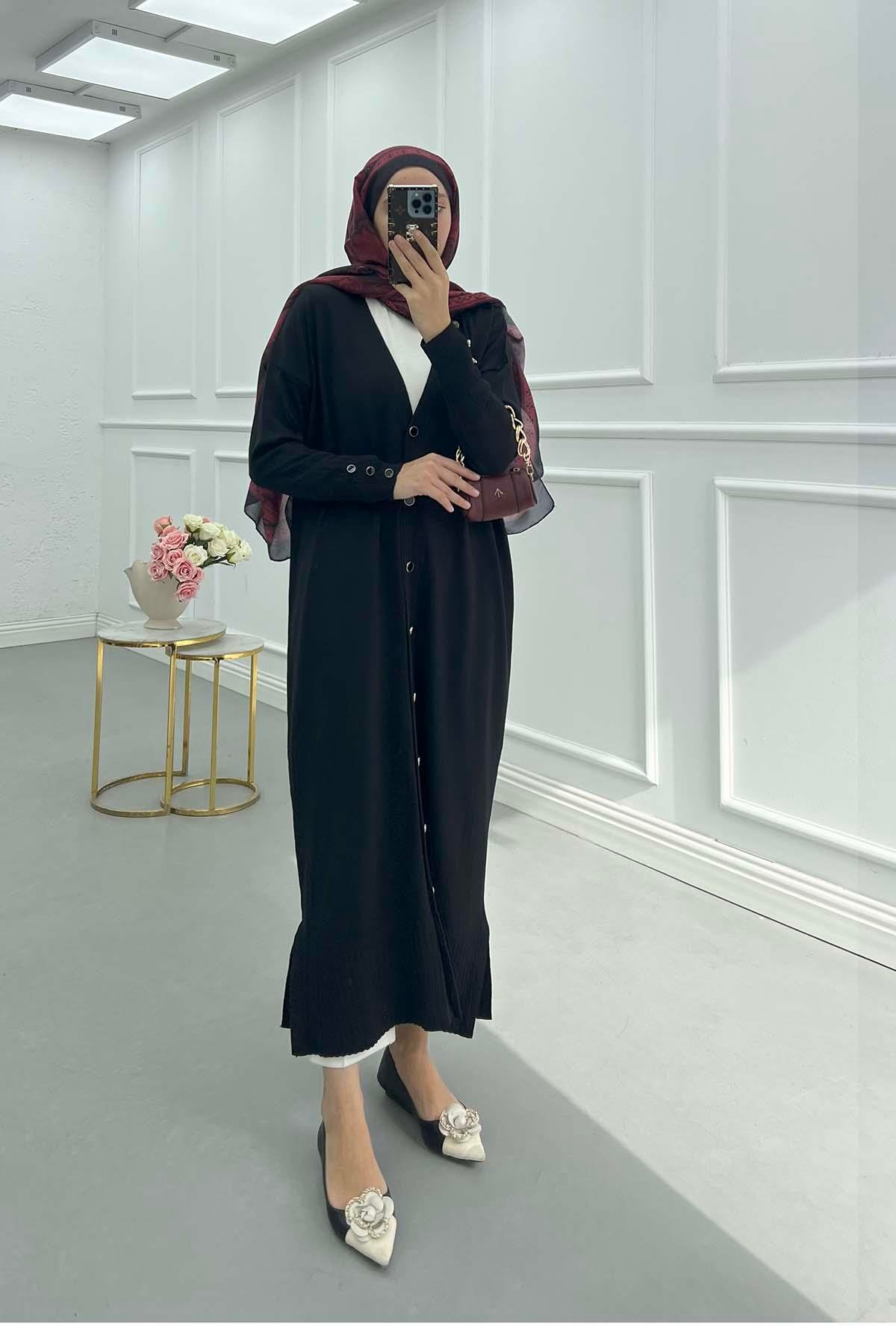 Sare Fashion Long Buttoned Mercerized Cardigan Black Sare Fashion Long Buttoned Mercerized Cardigan Black