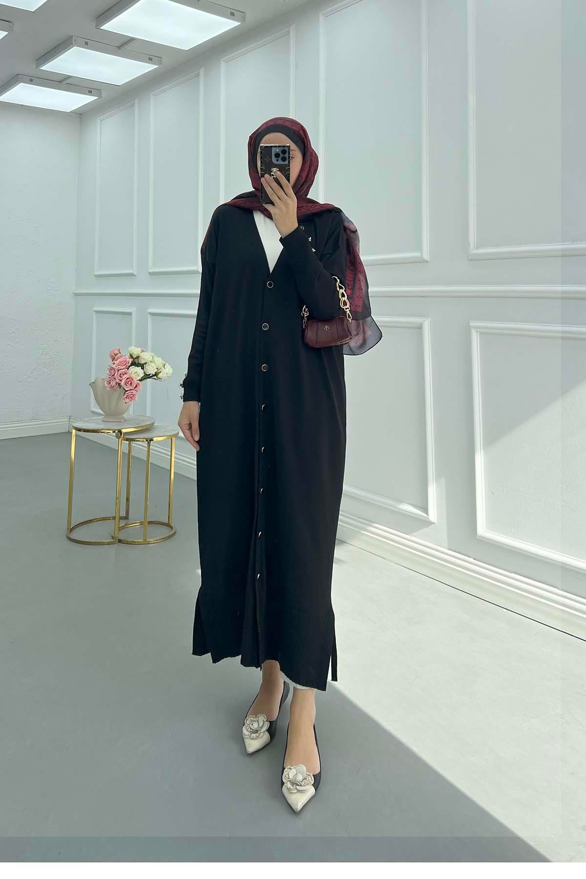 Sare Fashion Long Buttoned Mercerized Cardigan Black