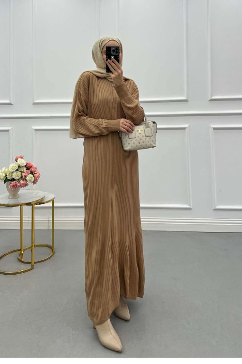 Sare Fashion Long Ribbed Knit Dress Brown