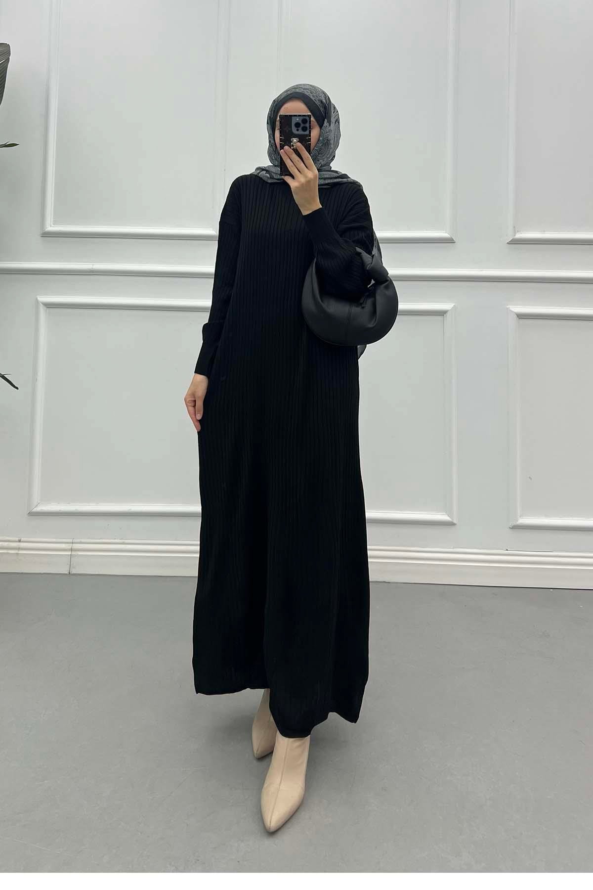 Sare Fashion Long Ribbed Knit Dress Black