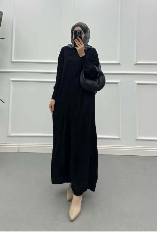 Sare Fashion Long Ribbed Knit Dress Black